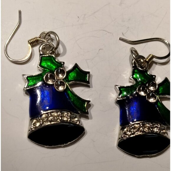 Christmas Bell Earrings Silver Blue Holly Dangle Drop Hook Silver Vintage Enamel - Picture 1 of 4